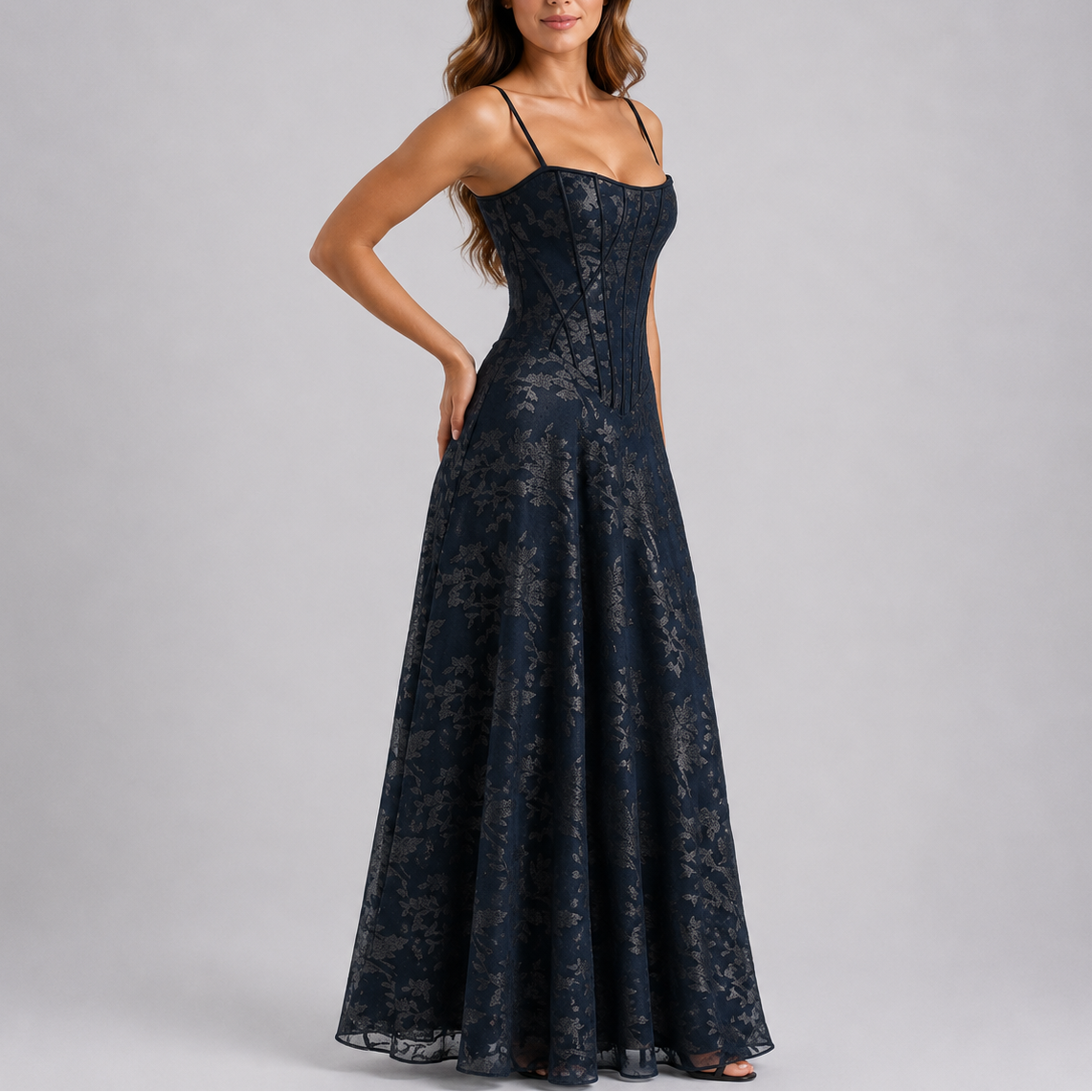 Robe Corset Longue Brodée Femme - Robe Longue Fleurie Bustier
