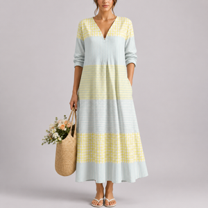 Robe Longue Été Femme robe longue color block col v légère en tissu léger et fluide, vue de face