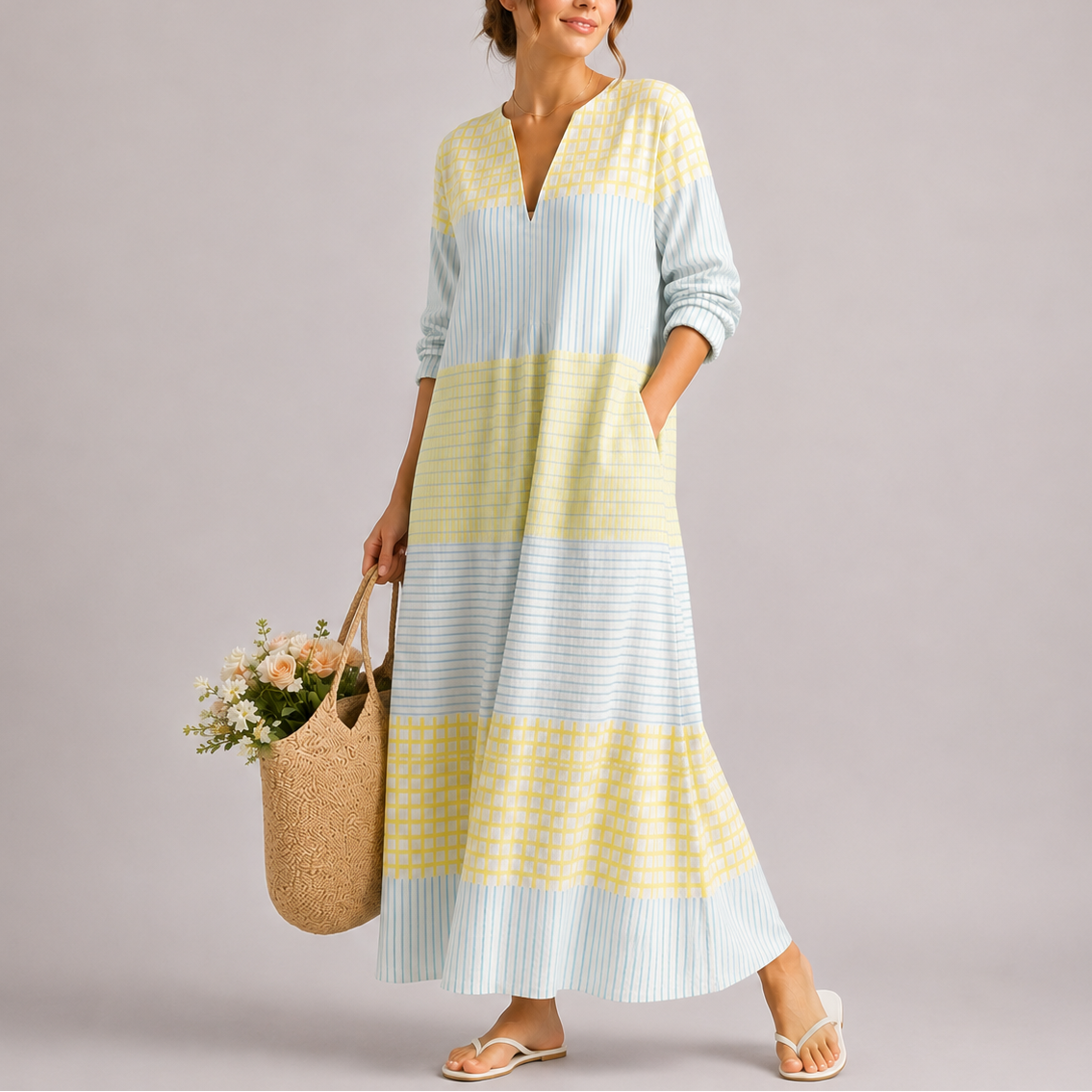 Robe Longue Été Femme robe longue color block col v légère en tissu léger et fluide, vue de dos