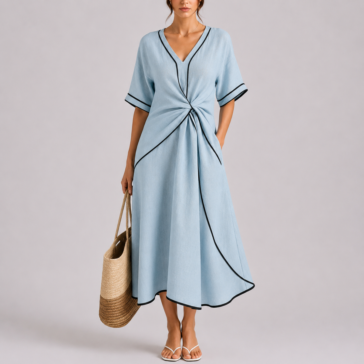 Robe Longue Été Femme robe longue devant torsadé et bordure contrastée en tissu léger et fluide, vue de dos
