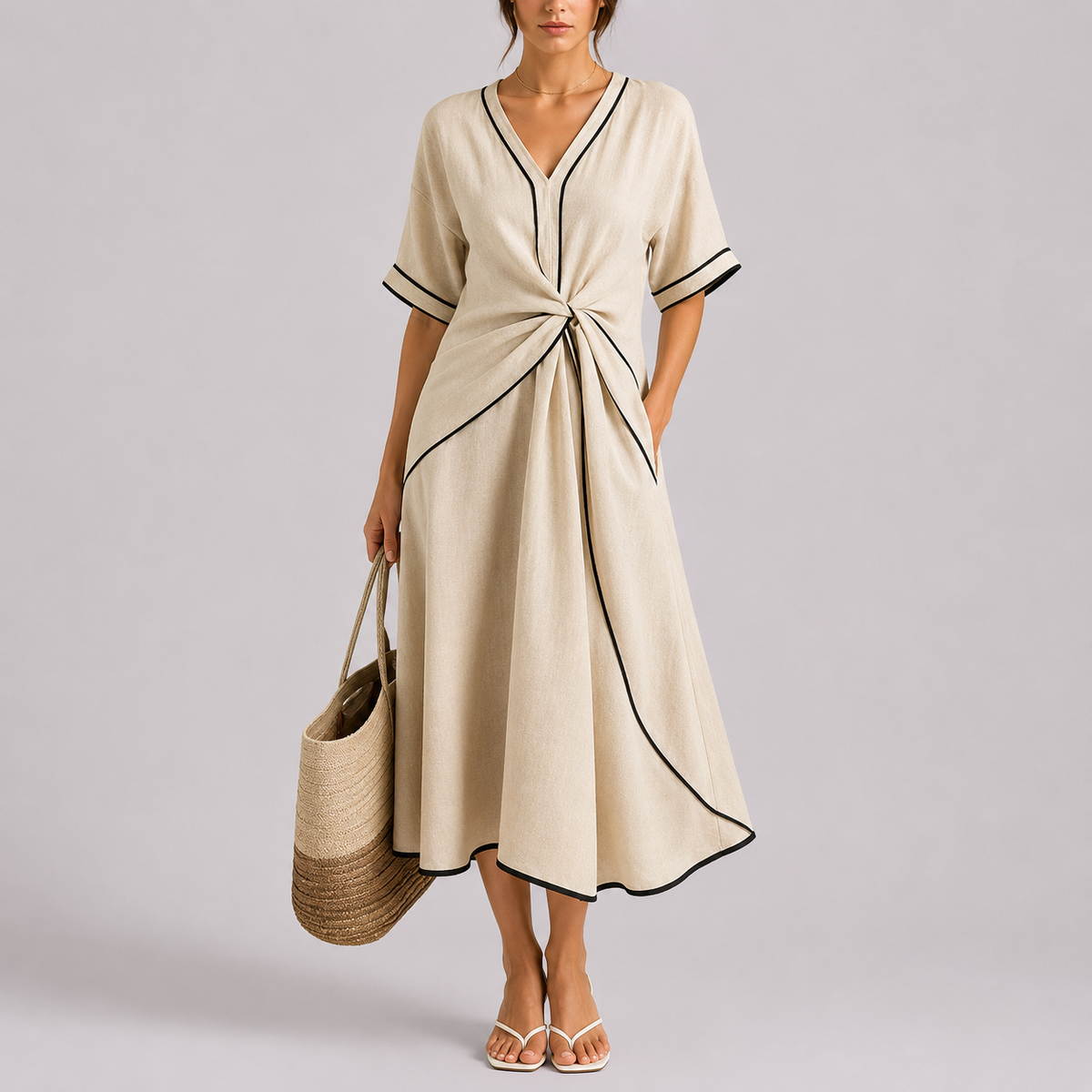 Robe Longue Été Femme - Robe Longue Devant Torsadé et Bordure Contrastée