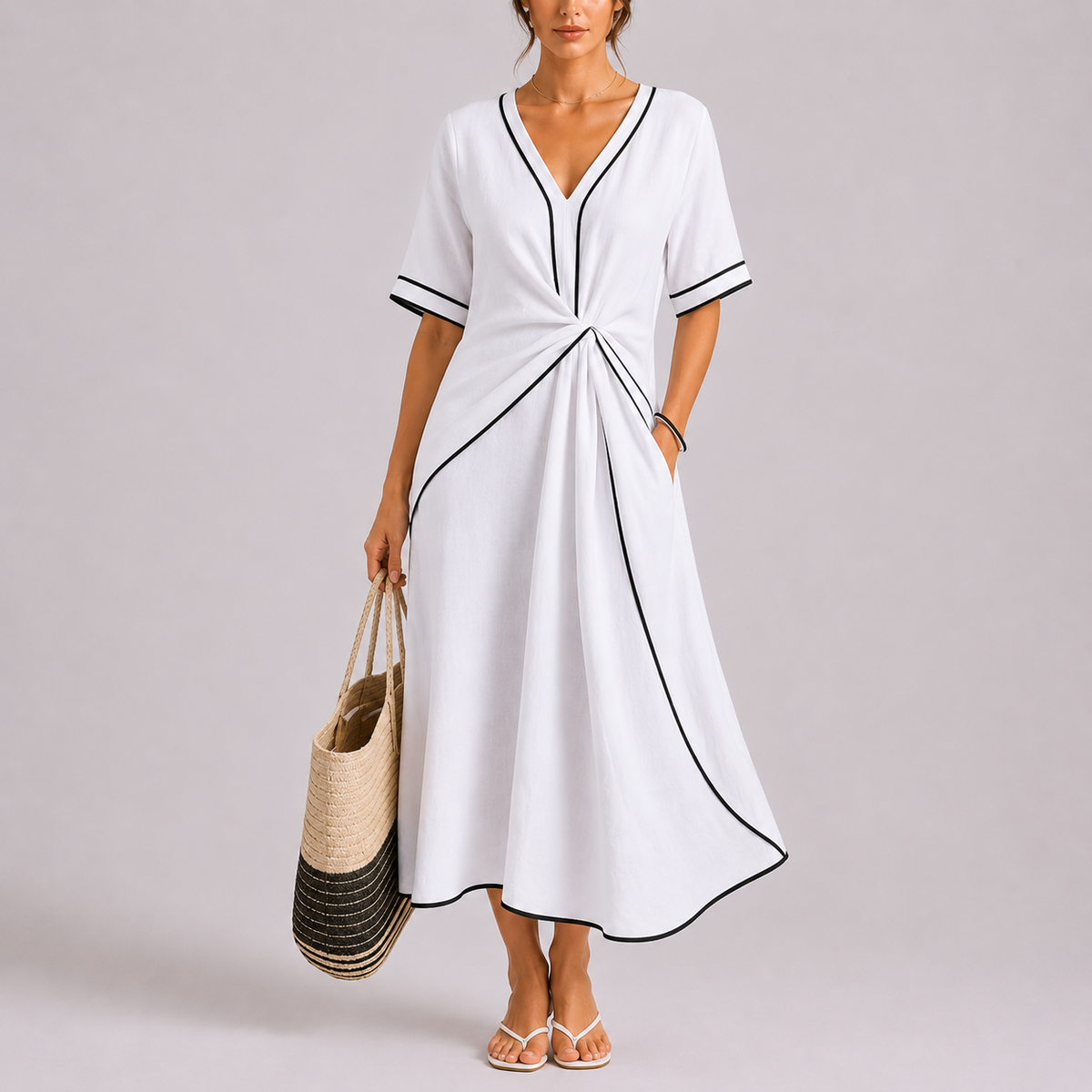 Robe Longue Été Femme robe longue devant torsadé et bordure contrastée en tissu léger et fluide, vue de face