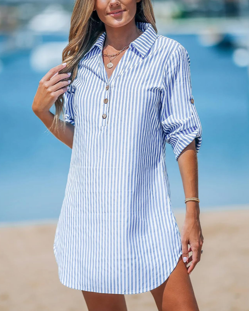Elise Robe Chemise Femme – Rayée Col V Manches Longues Boutonnée
