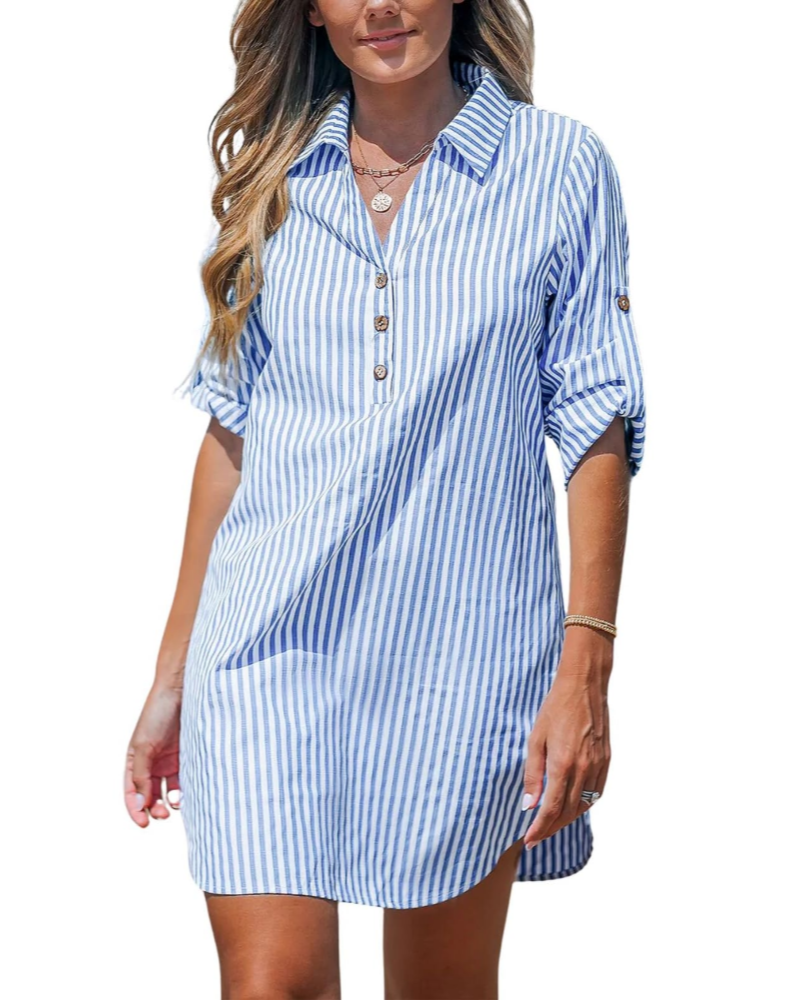 Elise Robe Chemise Femme – Rayée Col V Manches Longues Boutonnée