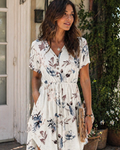 Wenna Robe Femme – Robe Mini Col V Manches Courtes Taille Coulissée Avec Poches Été