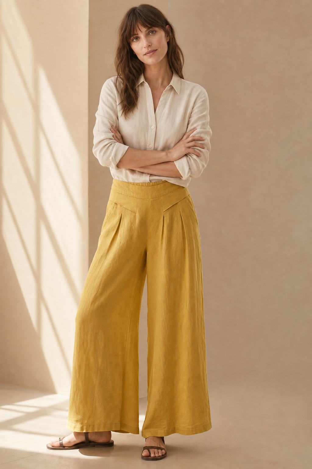 Pantalon Large Femme Taille Haute Beige - vue 1
