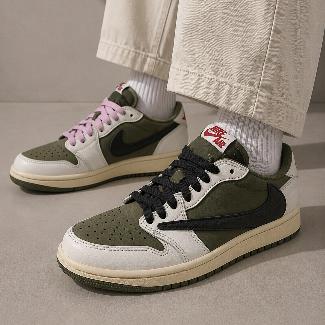 Air Jordan 1 Low x Travis Scott Medium Olive Baskets Vert Beige Homme Femme - 4