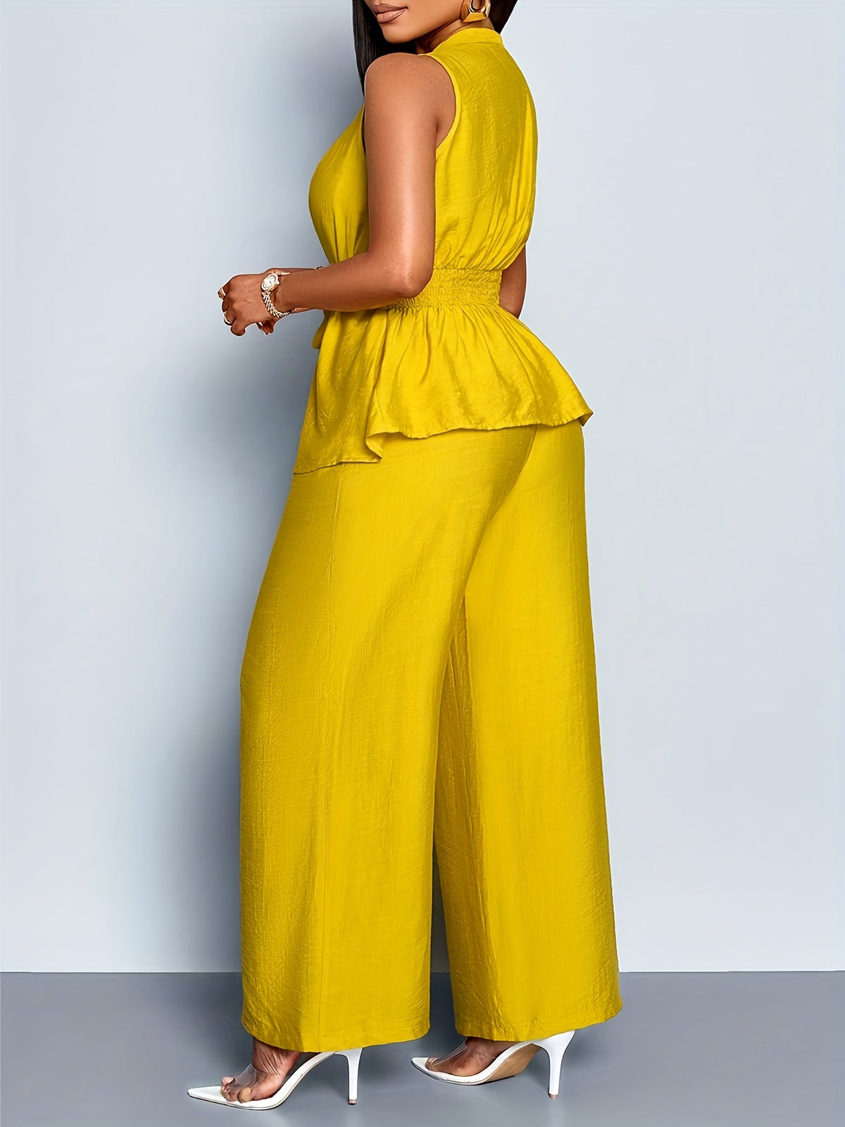 Ensemble Femme Top Cache-Cœur Péplum et Pantalon Large Jaune - vue 3