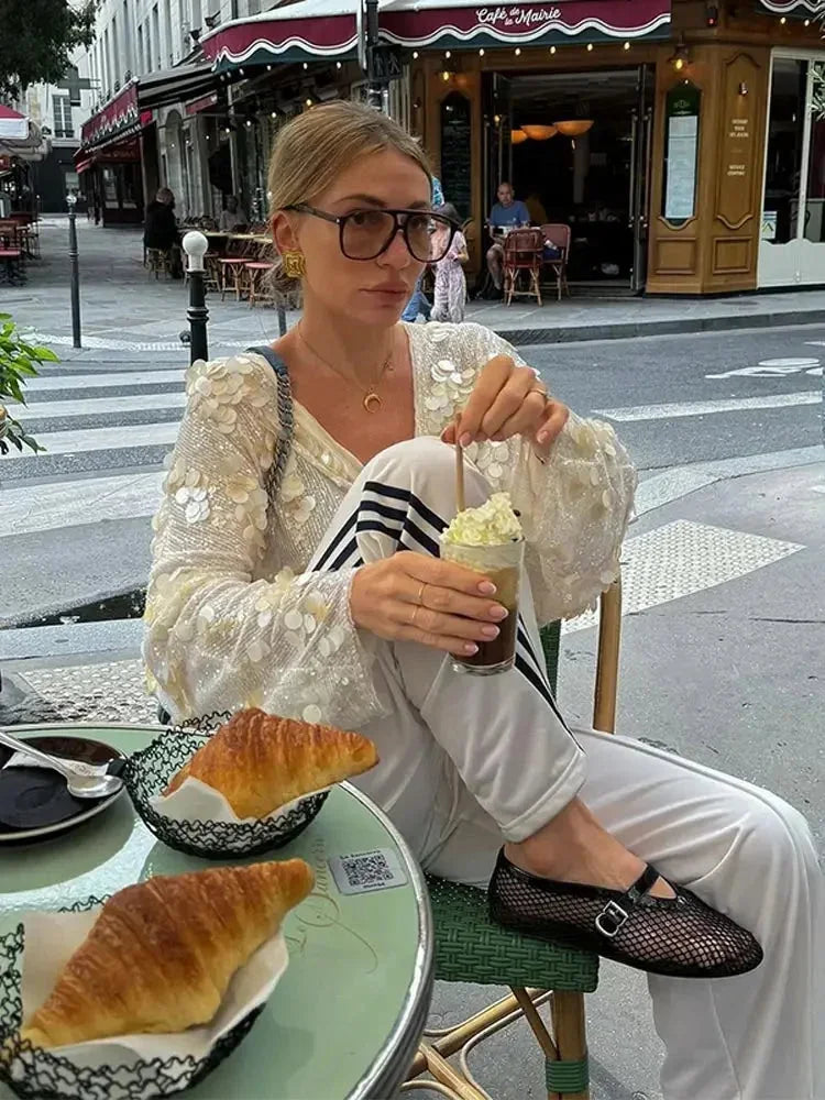 Maya - Top femme col V à paillettes