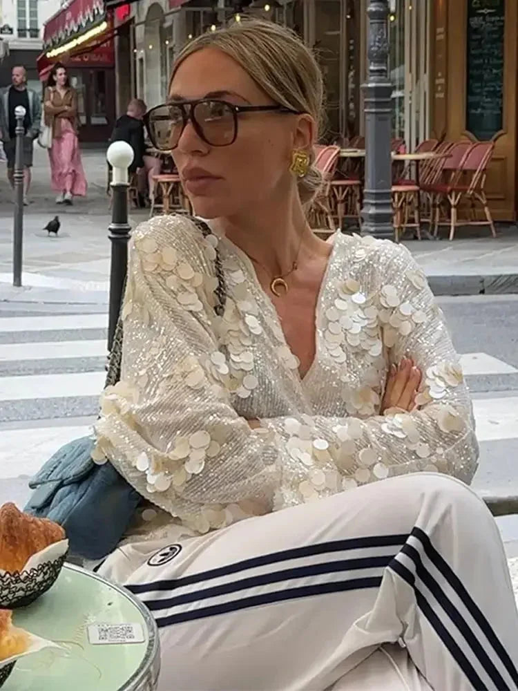 Maya - Top femme col V à paillettes