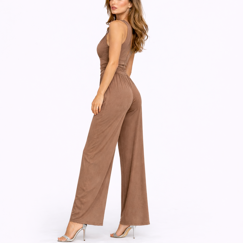 Combinaison Pantalon Femme combinaison large sans manches chic en tissu léger et fluide, détail tissu