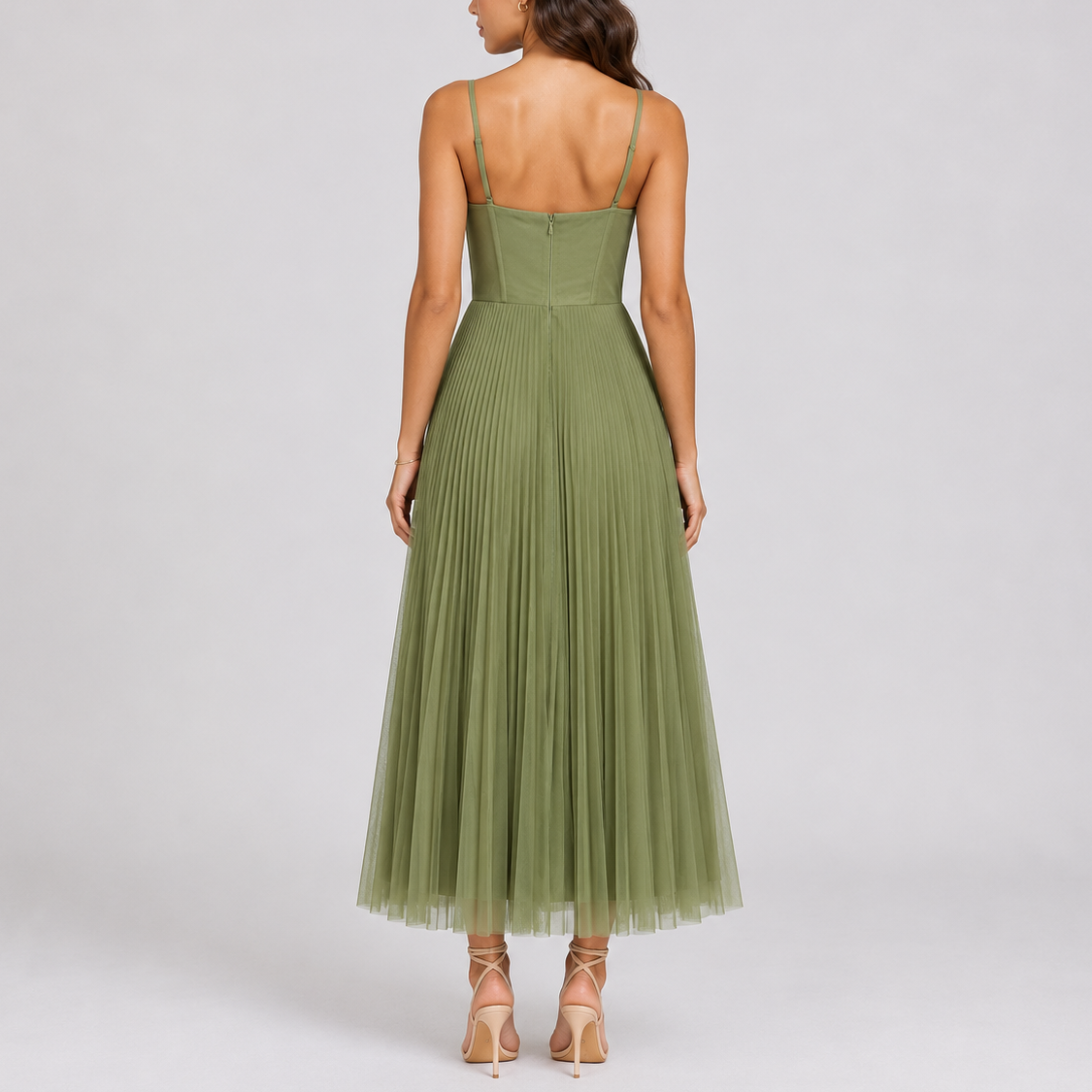 Robe Plissée Longue Femme robe longue pour mariage et cérémonie en tissu léger et fluide, vue de dos