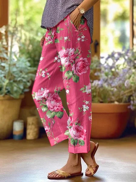 Pantalon Femme Fleuri en Coton Rose - vue 1