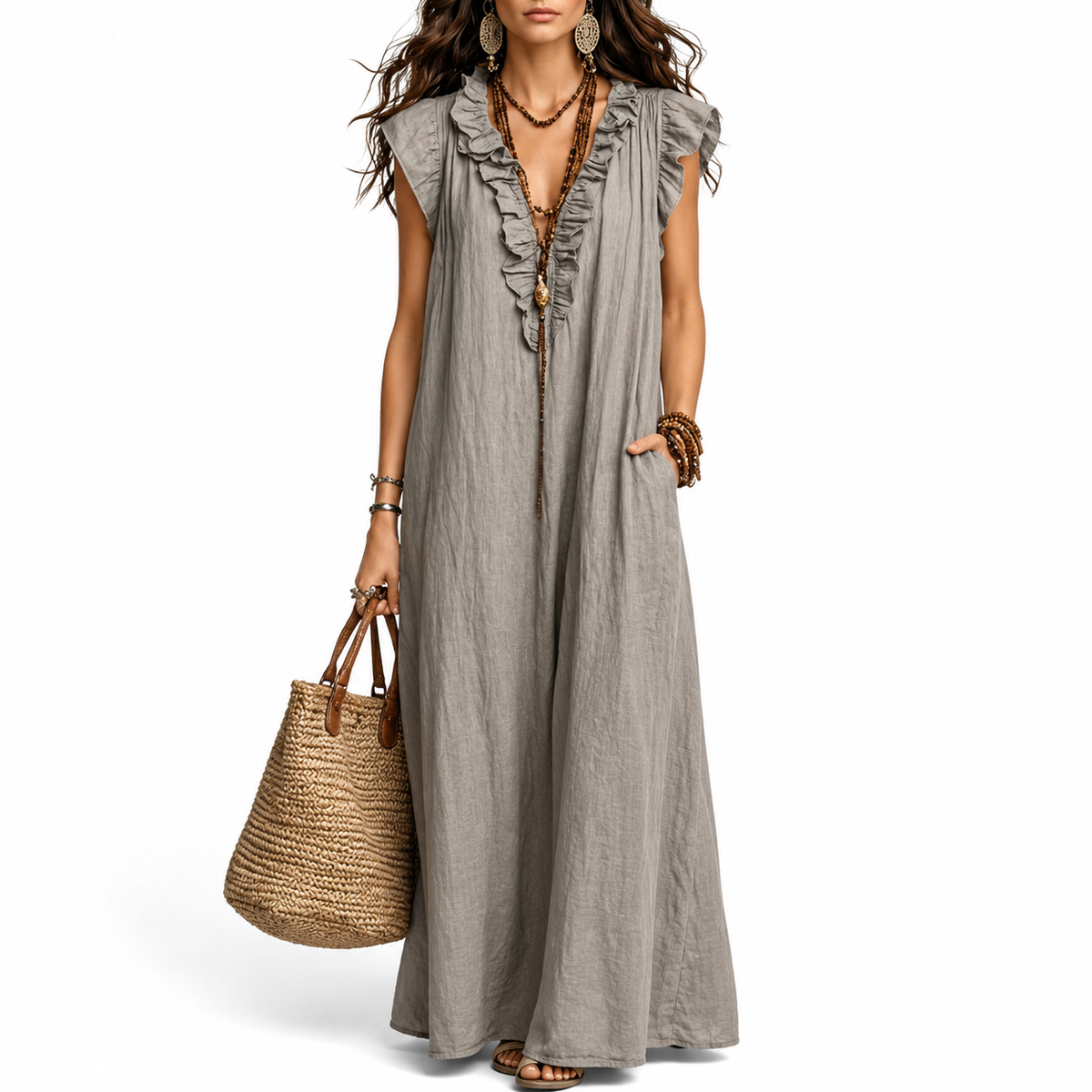 Robe Longue Été Femme - Robe Longue Ample Col V à Volants avec Poches