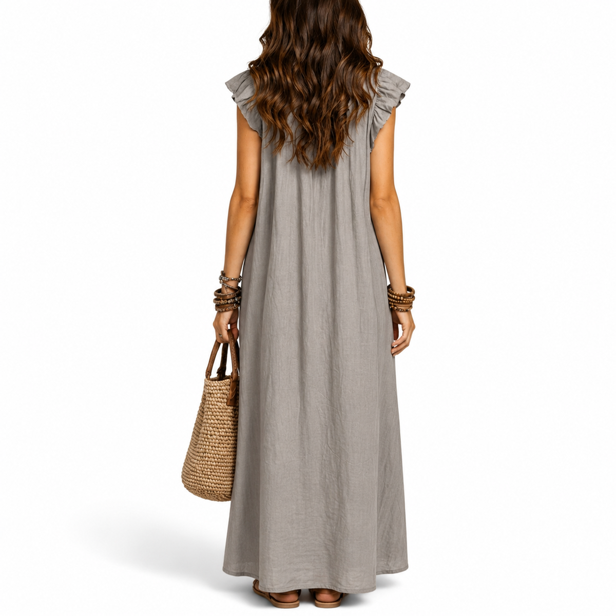 Robe Longue Été Femme robe longue ample col v à volants avec poches en lin, détail imprimé