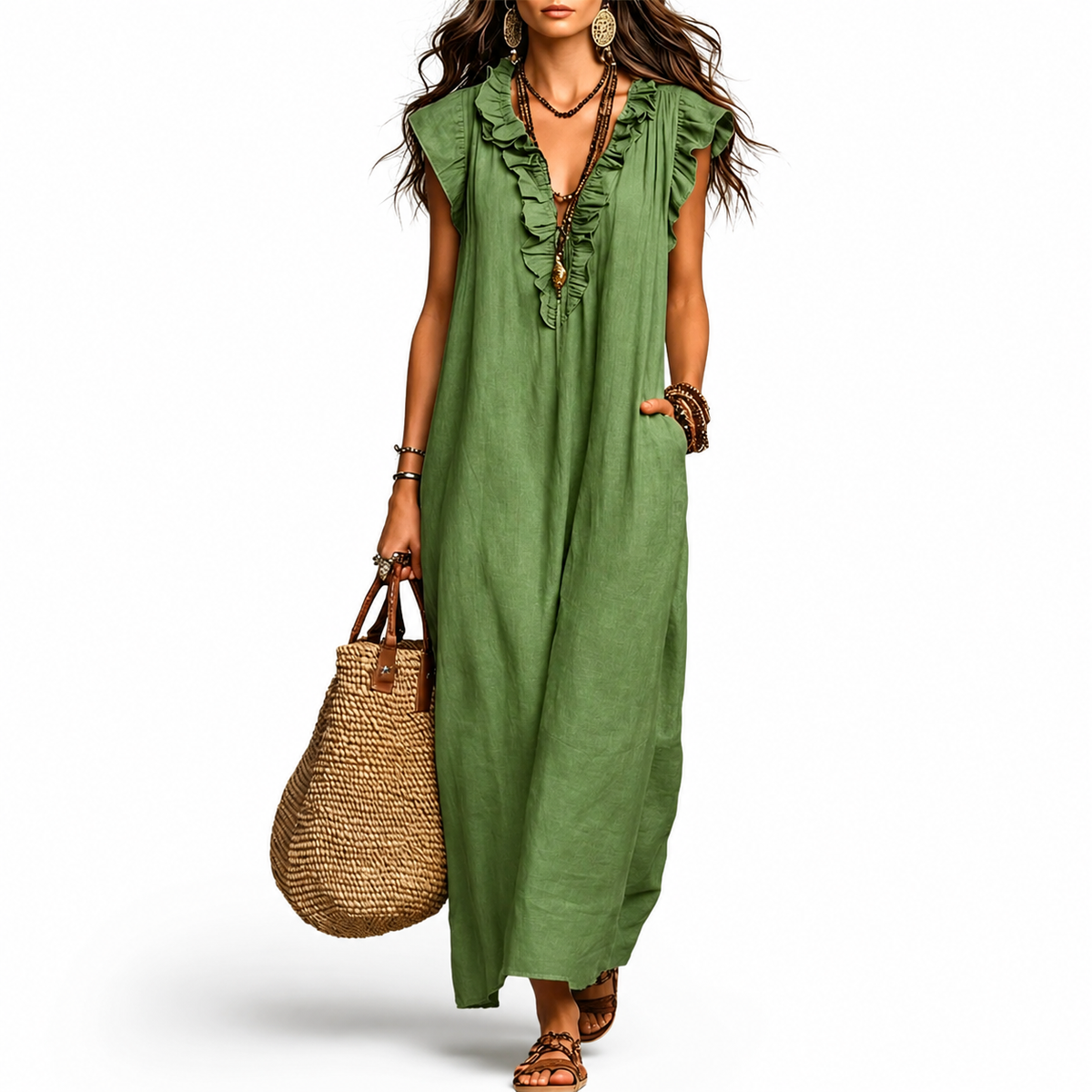 Robe Longue Été Femme - Robe Longue Ample Col V à Volants avec Poches
