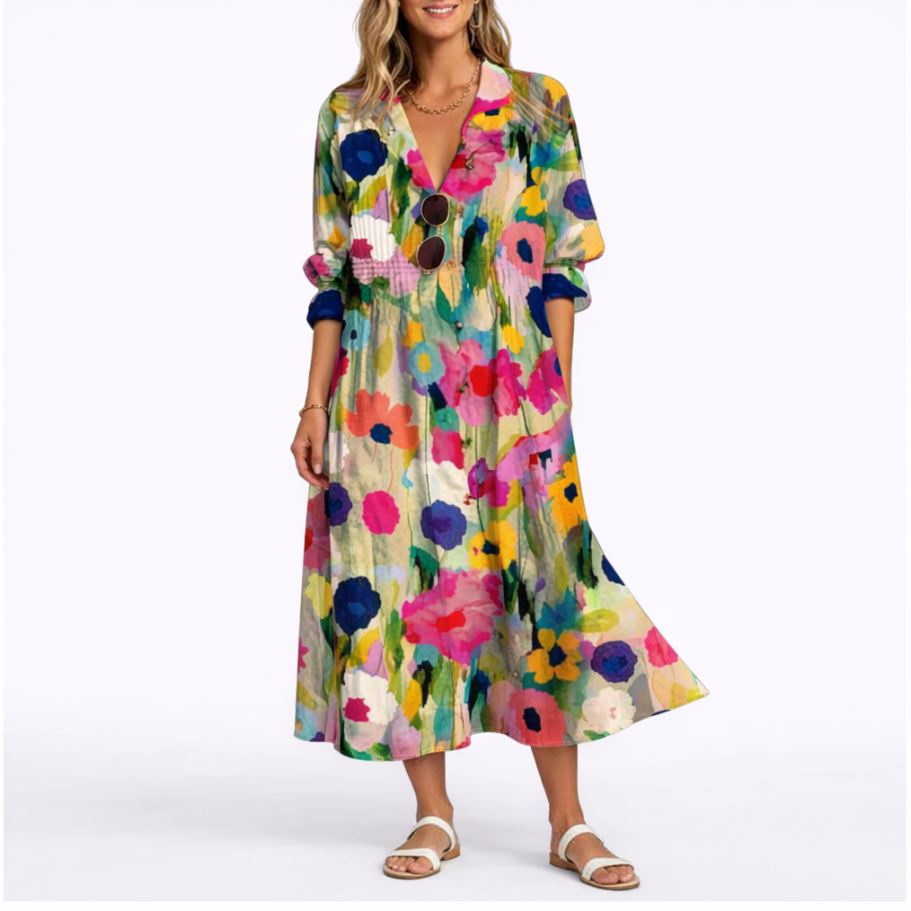 Robe Longue Fleurie Femme robe longue fluide élégante en tissu léger et fluide, vue de dos