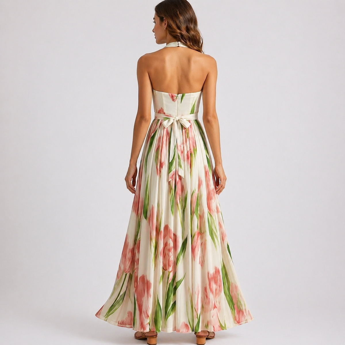 Robe Col Halter Longue Fleurie Femme robe longue imprimé aquarelle en tissu léger et fluide, vue de dos