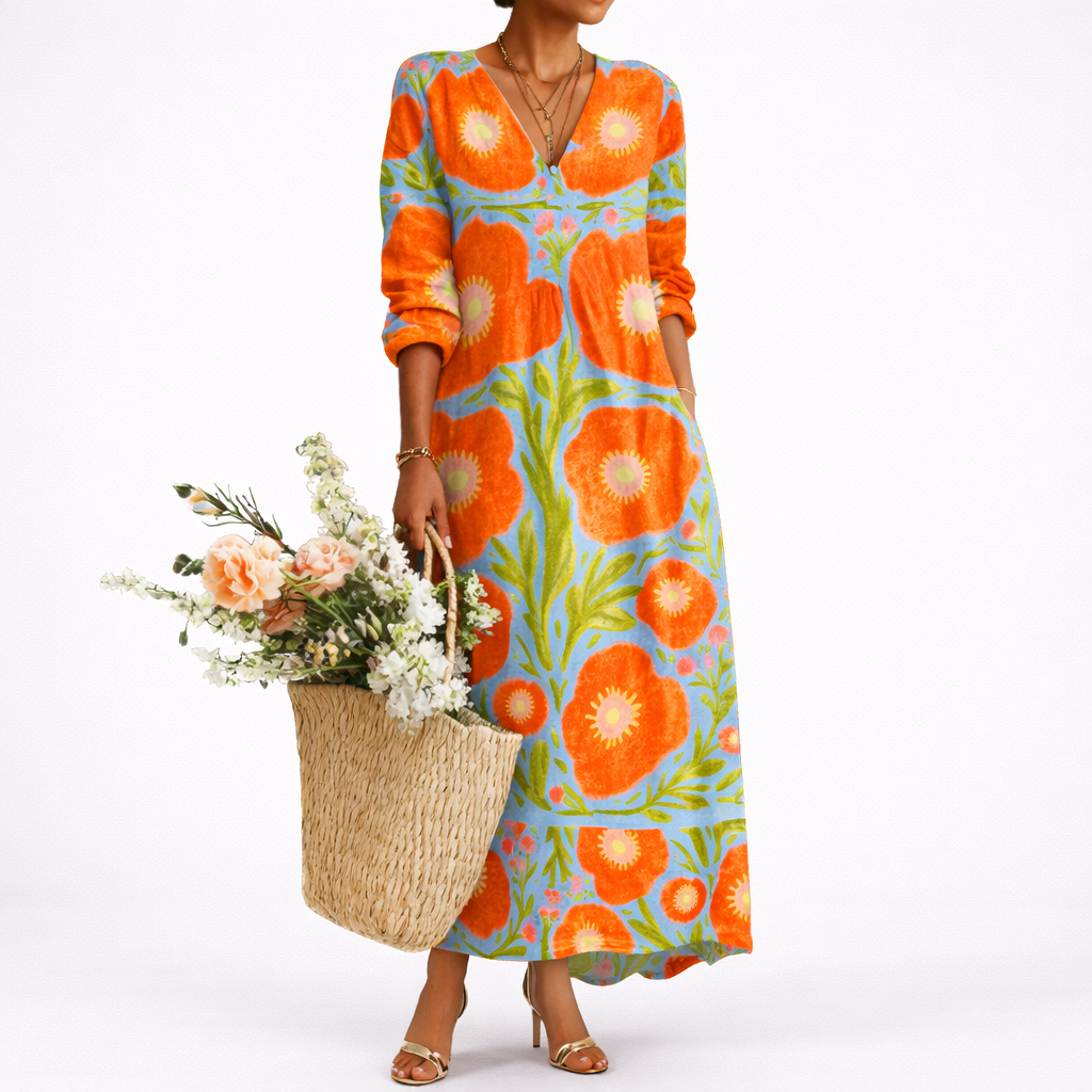 Robe Longue Fleurie Élégante Femme robe longue été fluide en tissu léger et fluide, vue de face