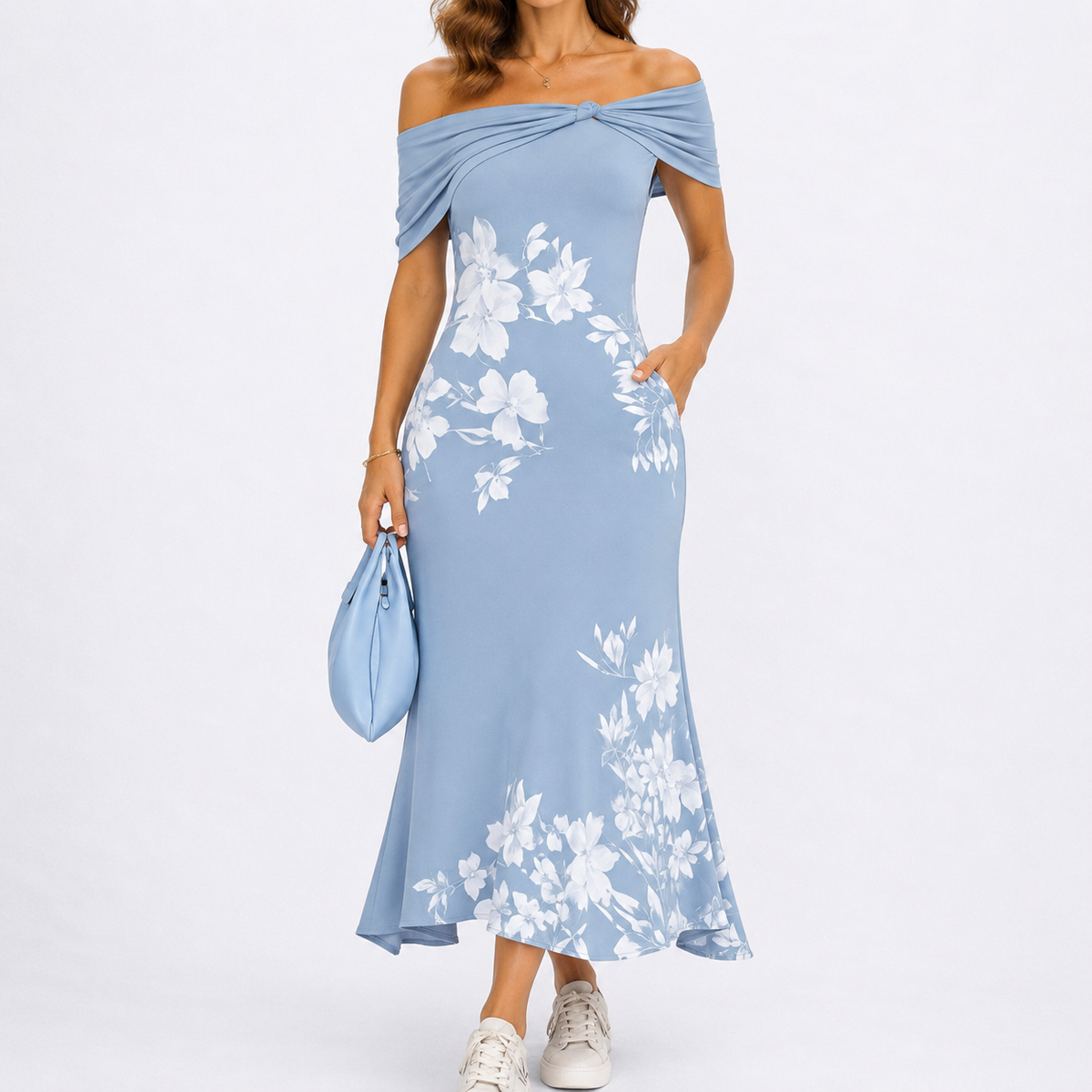 Robe Longue Fleurie Épaules Dénudées Femme robe longue été élégante en tissu léger et fluide, vue de face