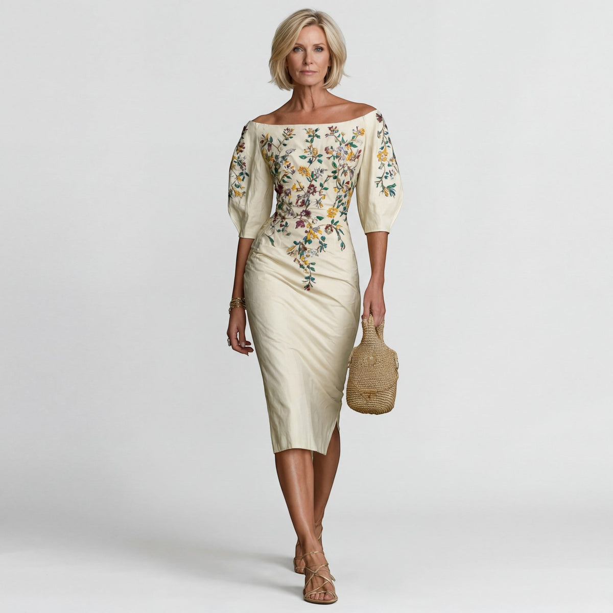 Robe Midi Femme Épaules Dénudées Beige - vue 1