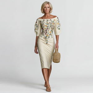 Robe Midi Femme Épaules Dénudées Beige - vue 1