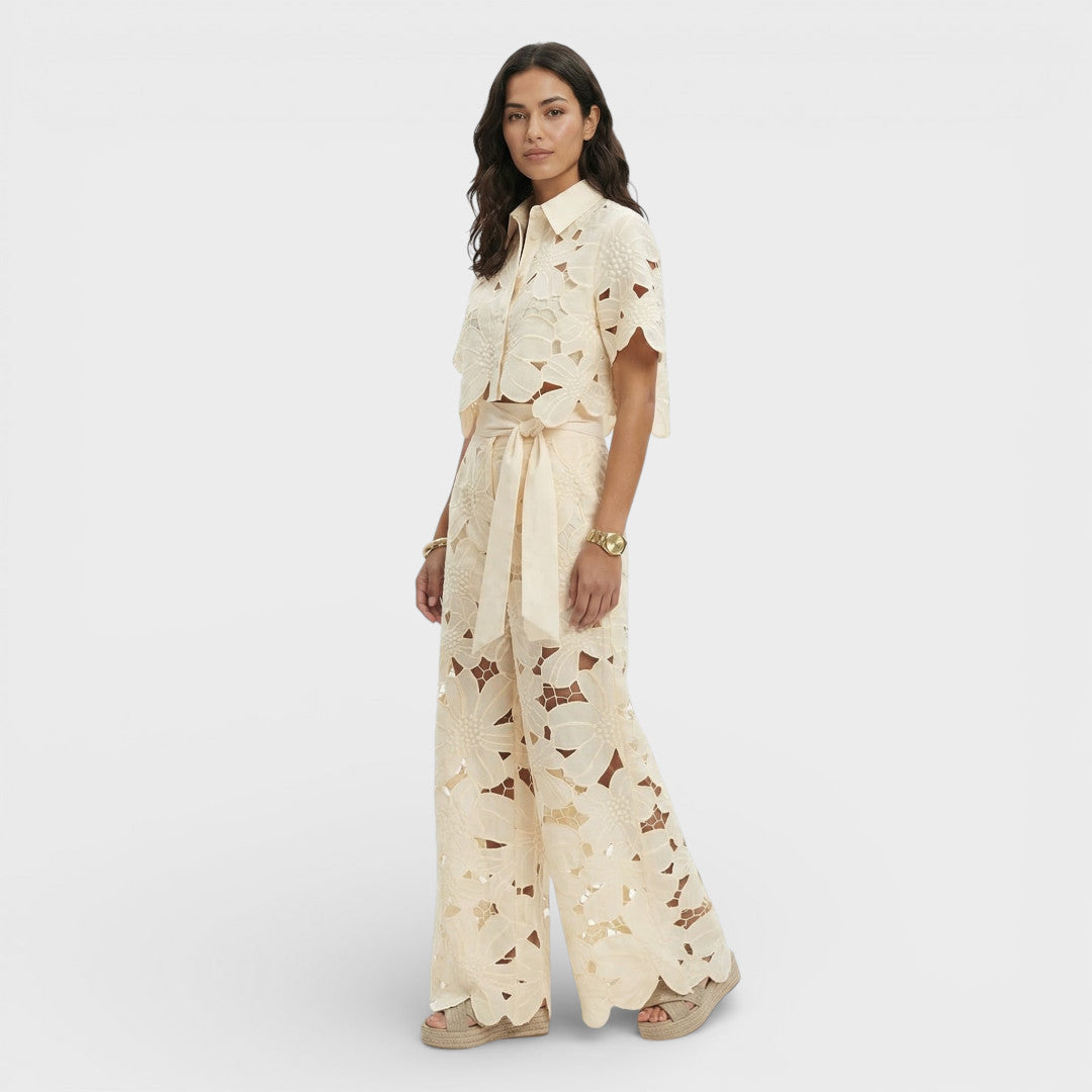 Elena - Ensemble femme large fleuri à ceinture