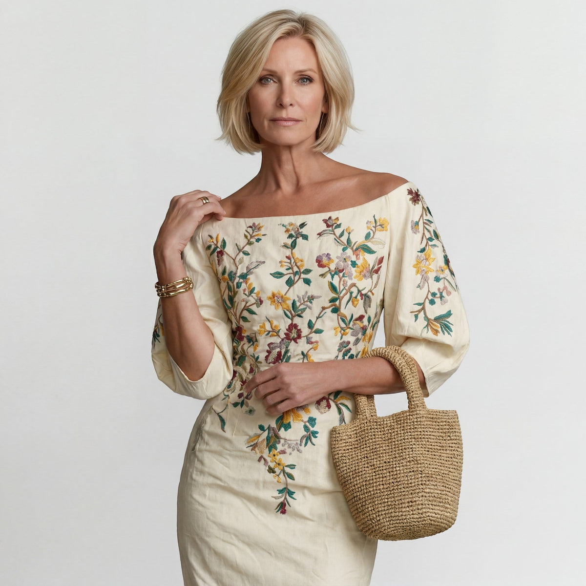 Robe Midi Femme Épaules Dénudées Beige - vue 2