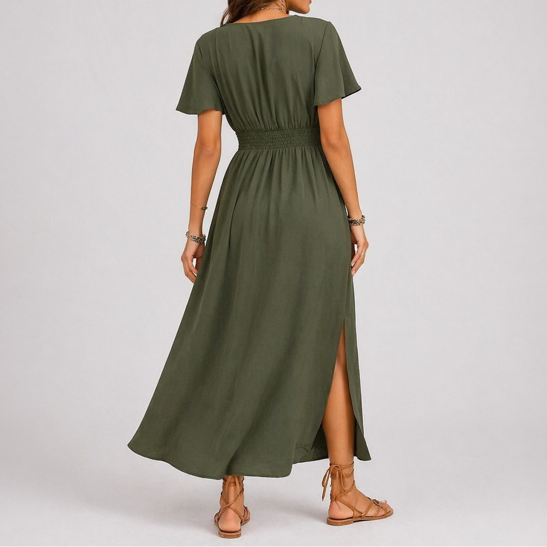 Robe Portefeuille Longue Femme robe longue été légère en tissu léger et fluide, vue de dos