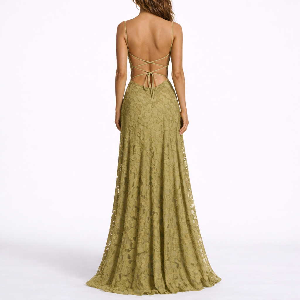 Robe Dos Nu Longue Fleurie Femme robe longue texturée en tissu léger et fluide, détail décolleté