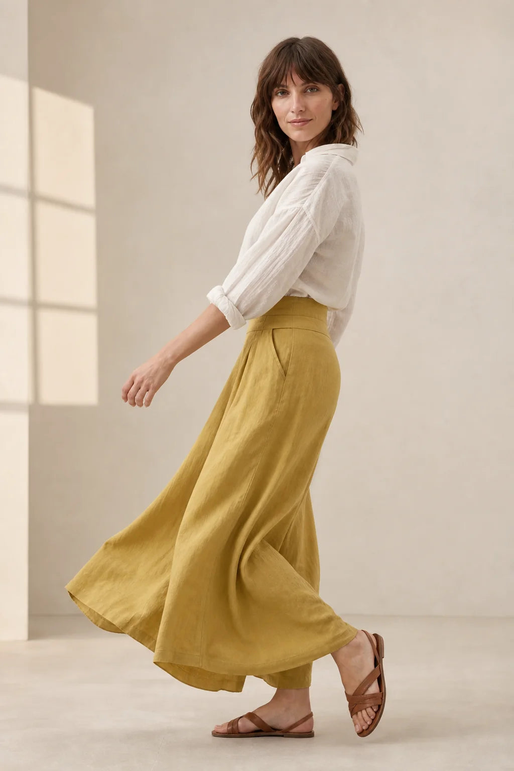 Pantalon Large Femme Taille Haute Beige - vue 2