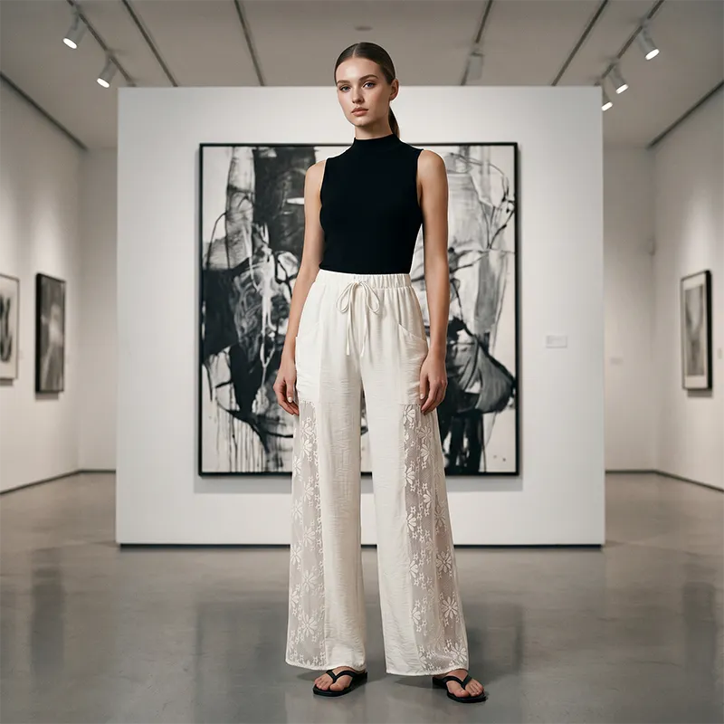 Pantalon Large Femme à Empiècements Dentelle Blanc - vue 2