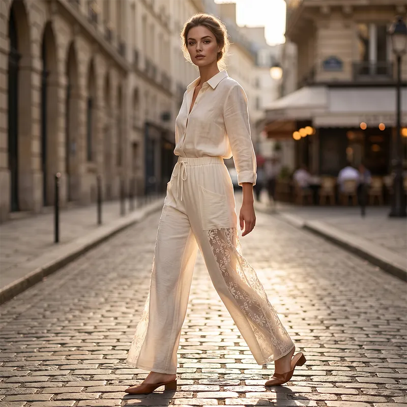Pantalon Large Femme à Empiècements Dentelle Blanc - vue 3