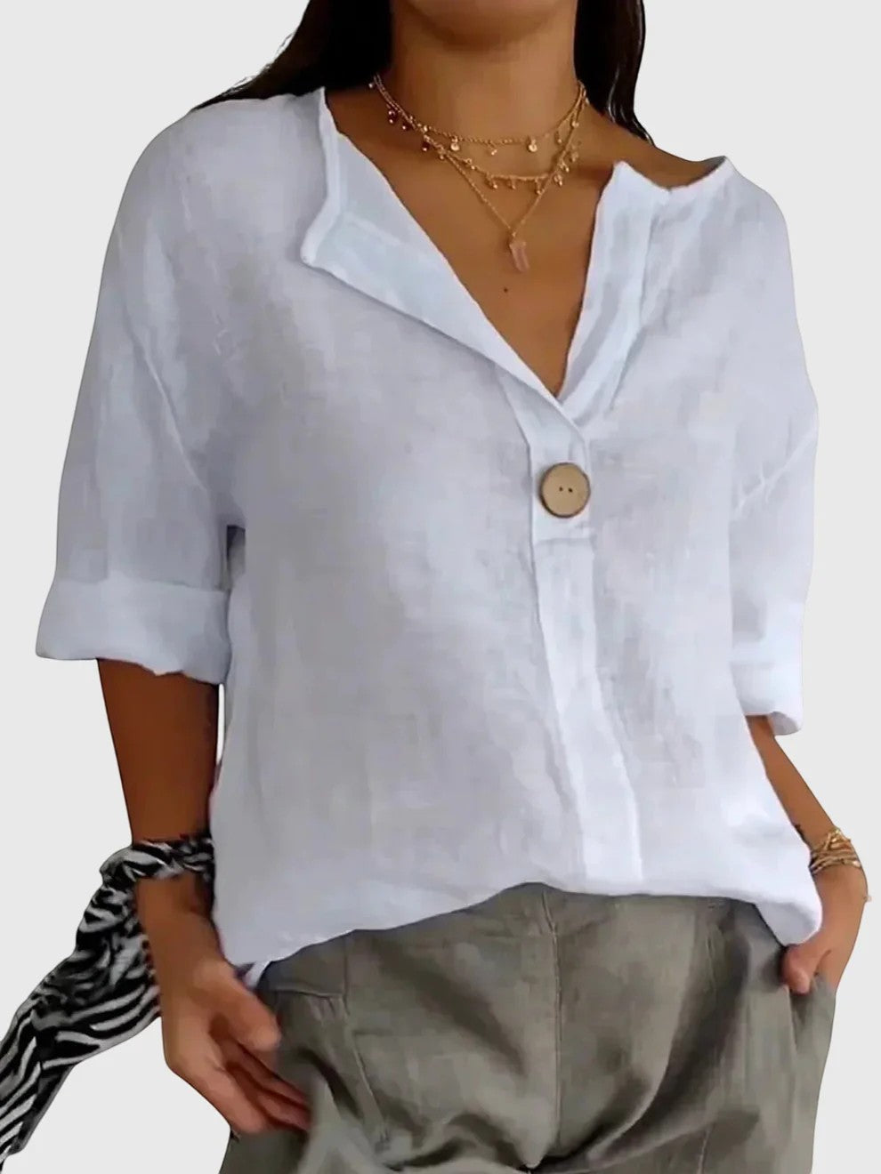 Blouse Femme en Lin Col V Beige - vue 2