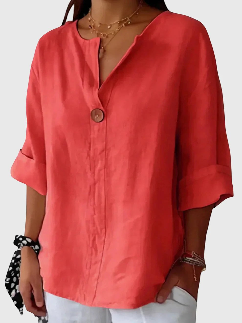 Blouse Femme en Lin Col V Beige - vue 4