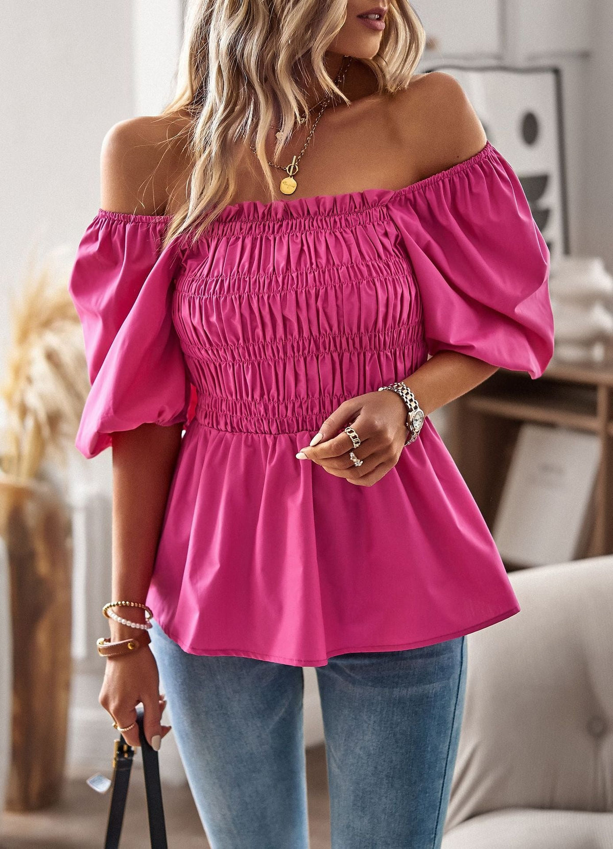 Blouse Femme Péplum Épaules Dénudées Rose - vue 9