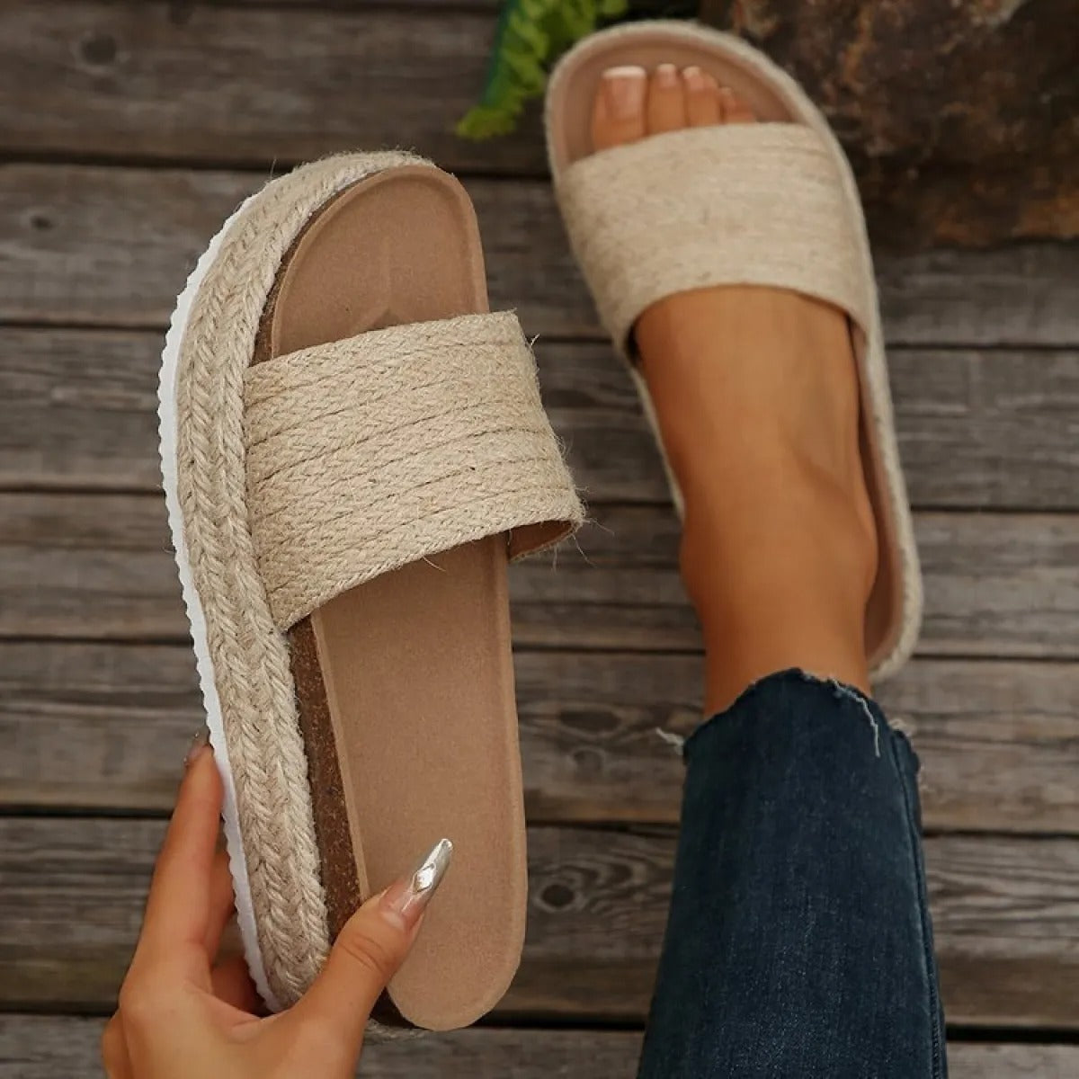 Sandales Plates Femme en Textile Tissé Beige - vue 2
