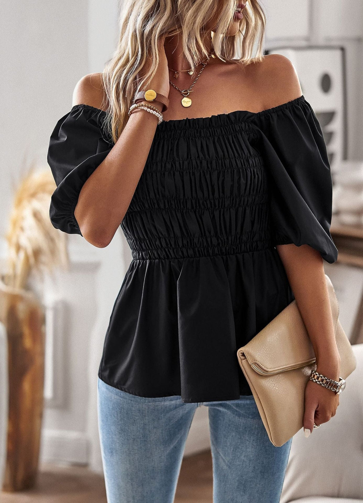 Blouse Femme Péplum Épaules Dénudées Blanc - vue 4