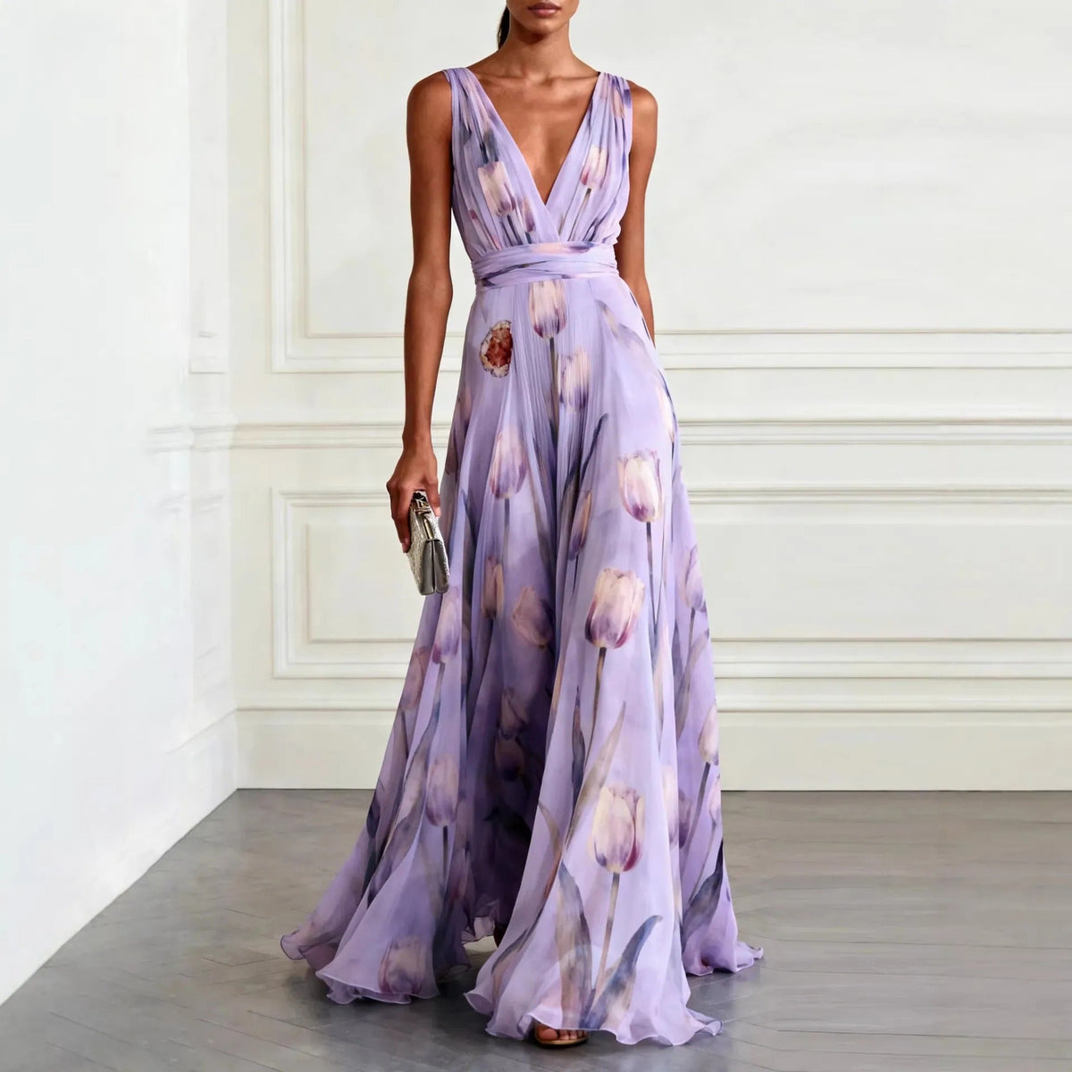 Robe Longue Femme en Mousseline Bleu Ciel - vue 4