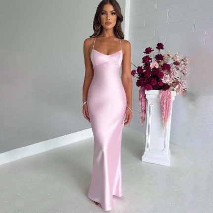 Robe Satin Longue Femme Rose - vue 7