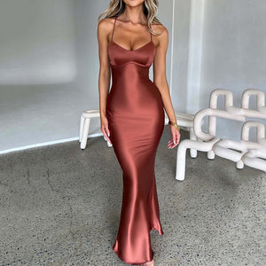 Robe Satin Longue Femme Marron - vue 1