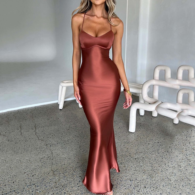 Robe Satin Longue Femme Marron - vue 1