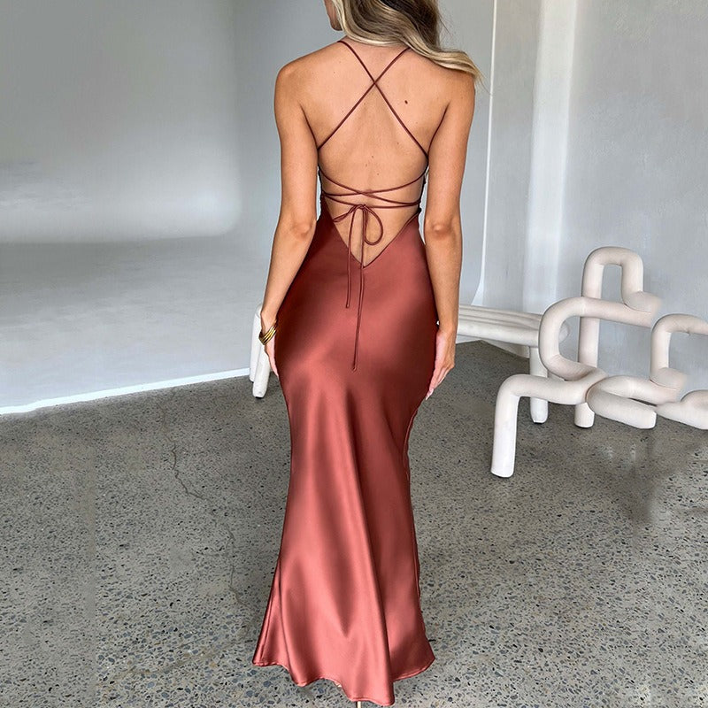 Robe Satin Longue Femme Marron - vue 2