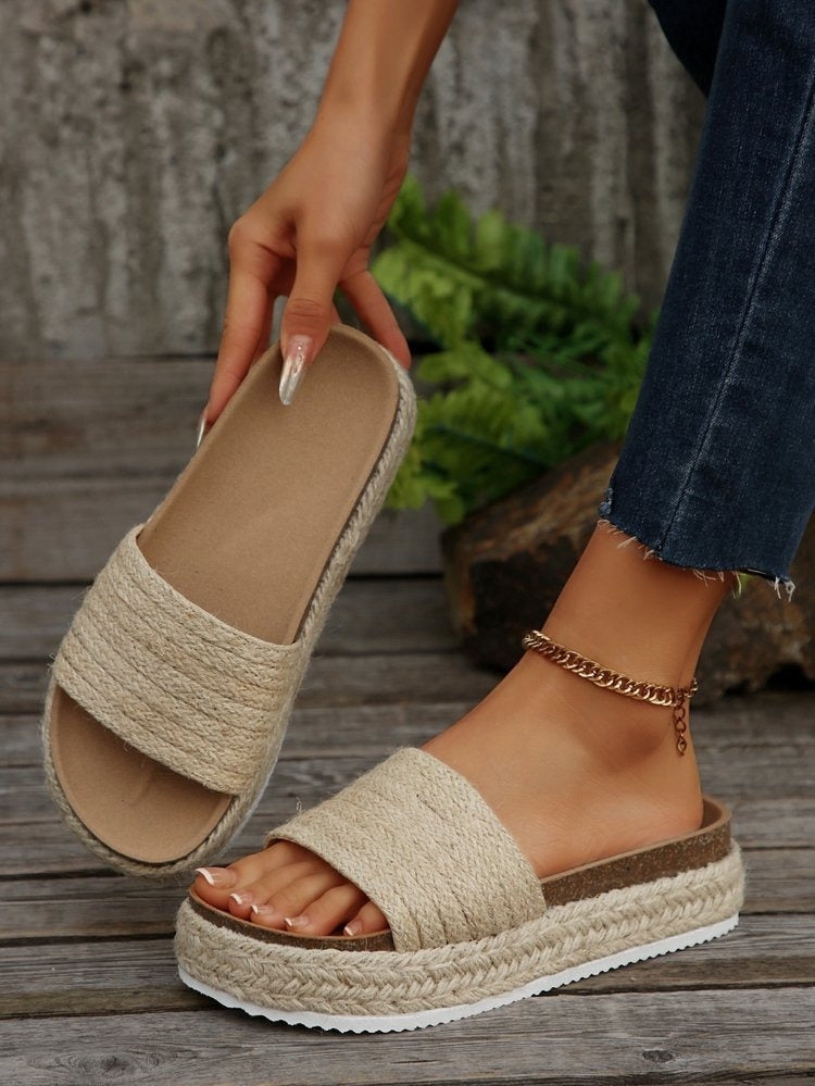 Sandales Plates Femme en Textile Tissé Beige - vue 4