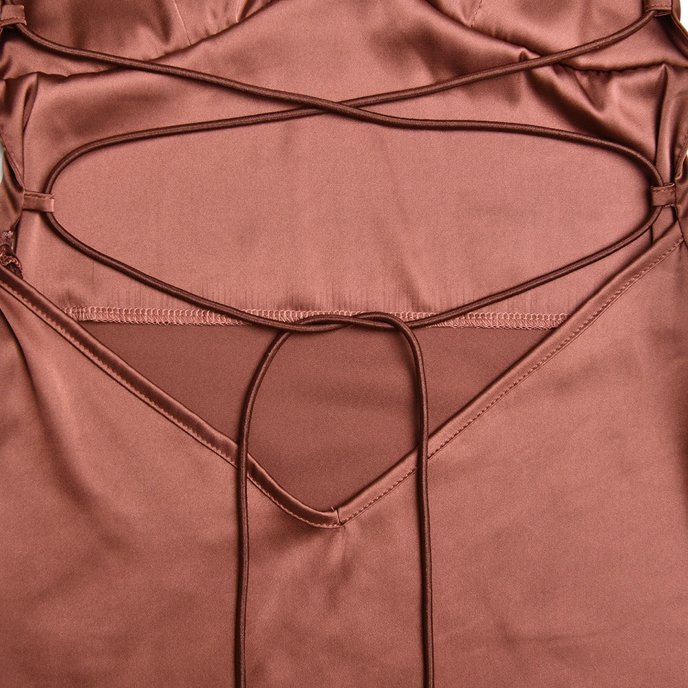 Robe Satin Longue Femme Marron - vue 3