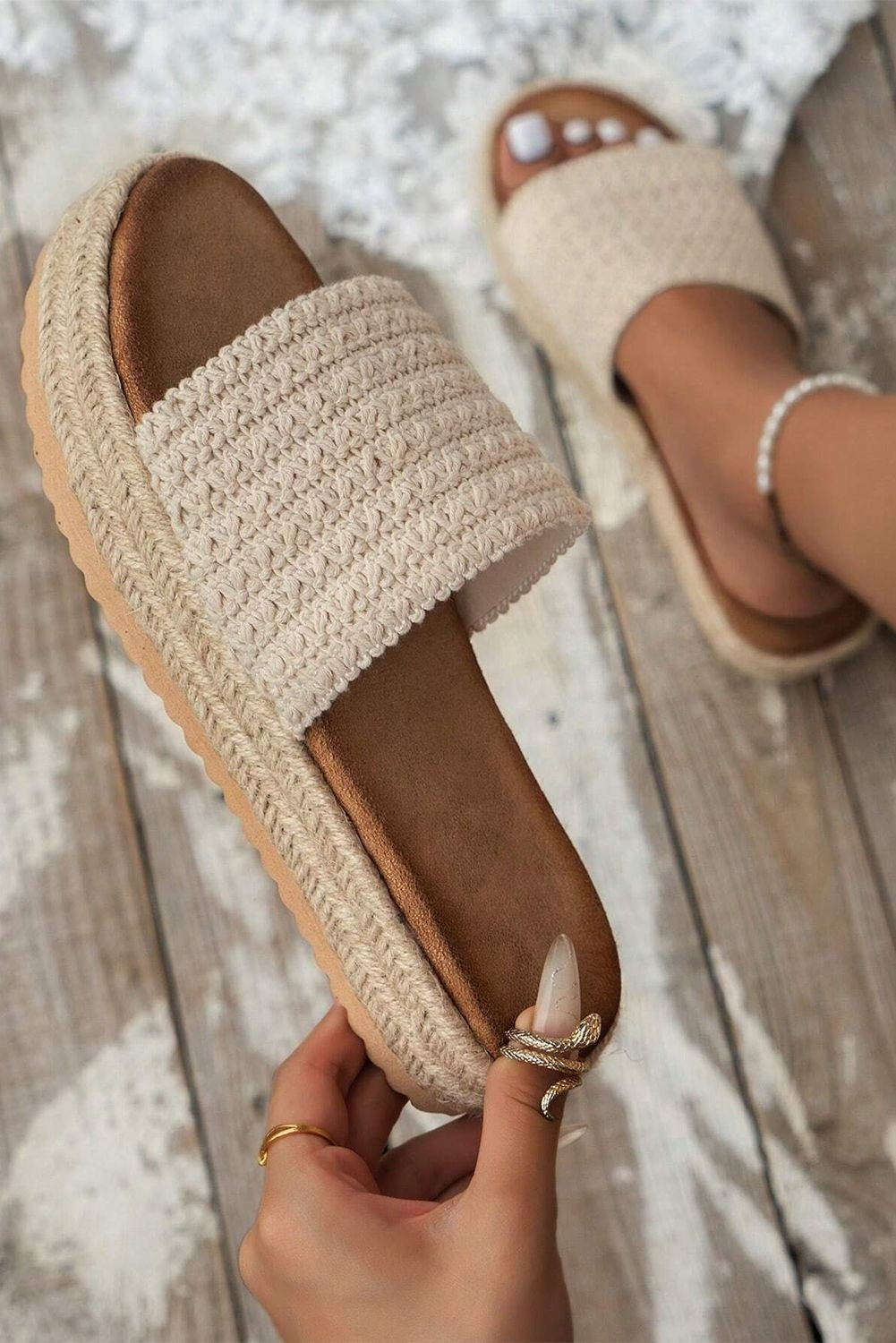 Sandales Plates Femme en Textile Tissé Beige - vue 1