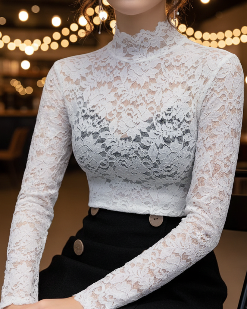 Blouse Femme en Dentelle Col Montant Blanc - vue 2