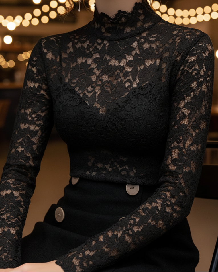 Blouse Femme en Dentelle Col Montant Blanc - vue 1