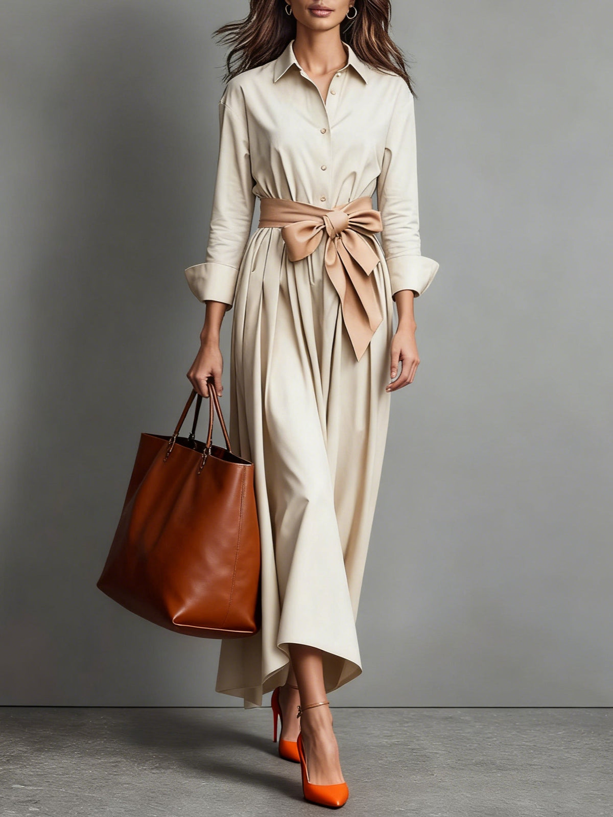 Robe Chemise Longue Femme Beige - vue 1