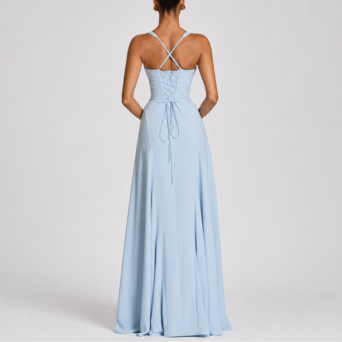 Robe Corset Longue Femme robe drapée bustier élégante en tissu léger et fluide, vue de dos